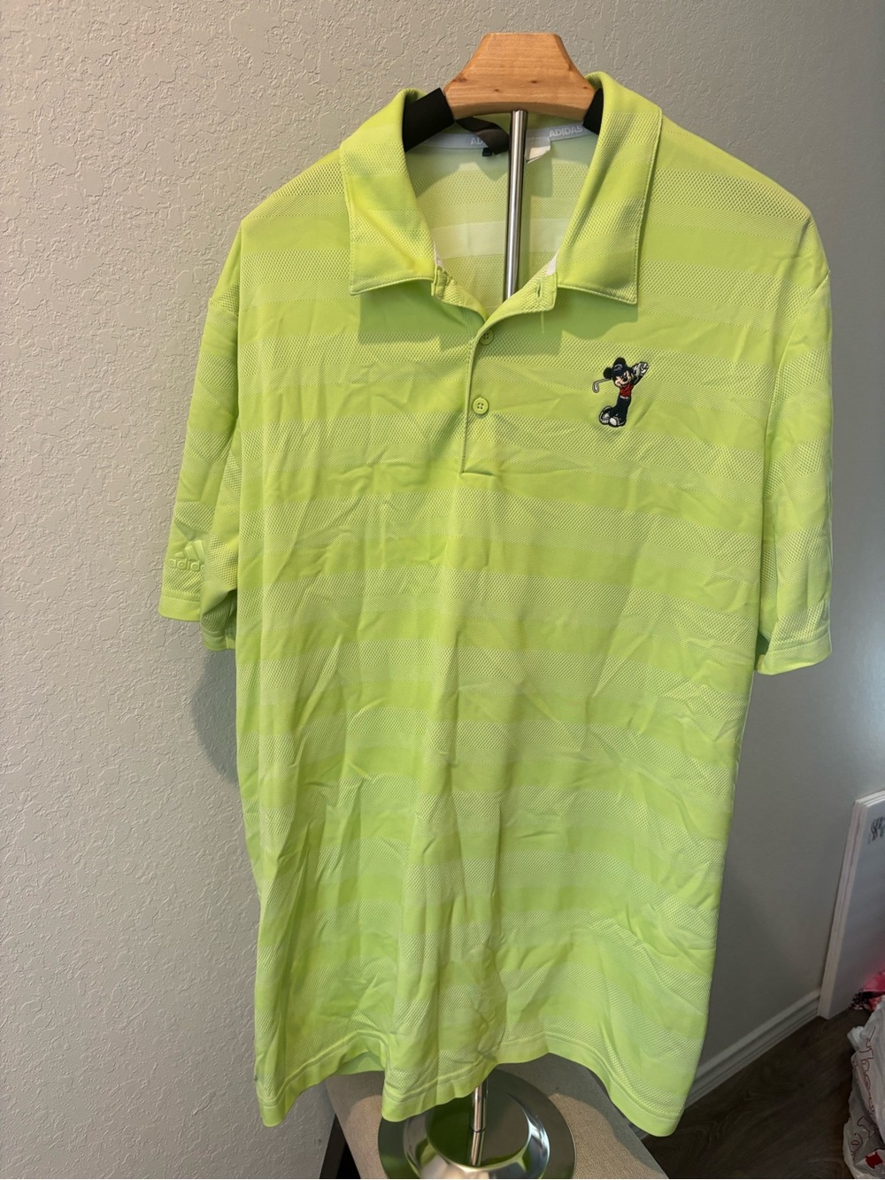 Adidas x Disney Mickey Mouse Golf Polo Lime Green Striped Performance Shirt XL